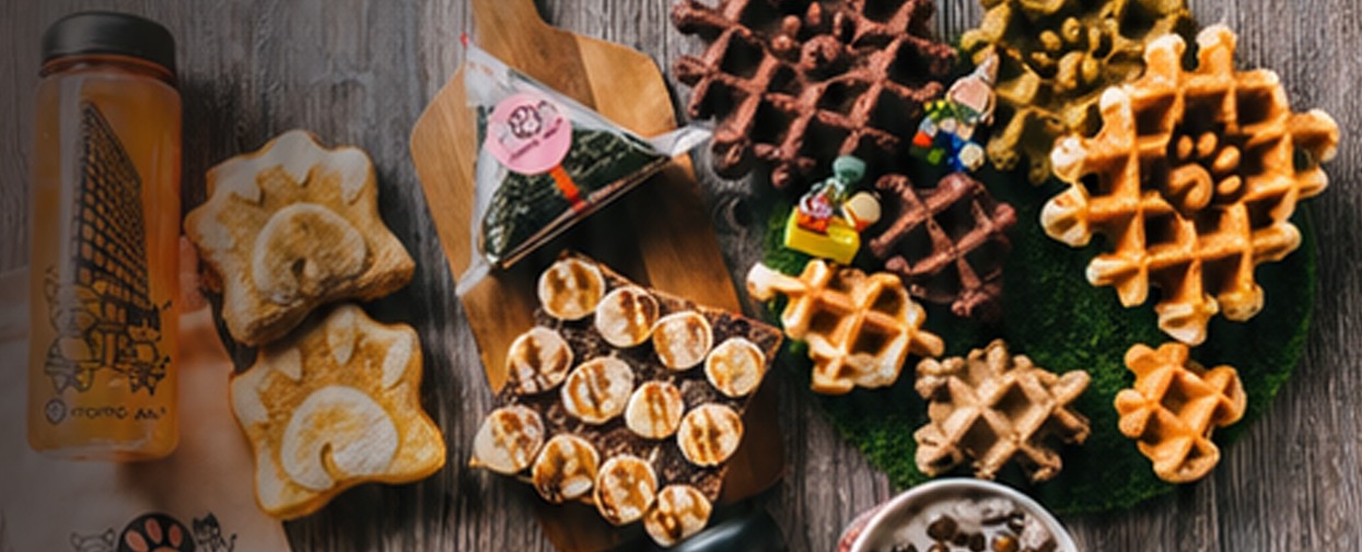Momo Ashi bottle, onigiri, waffles, and snacks on a tabletop